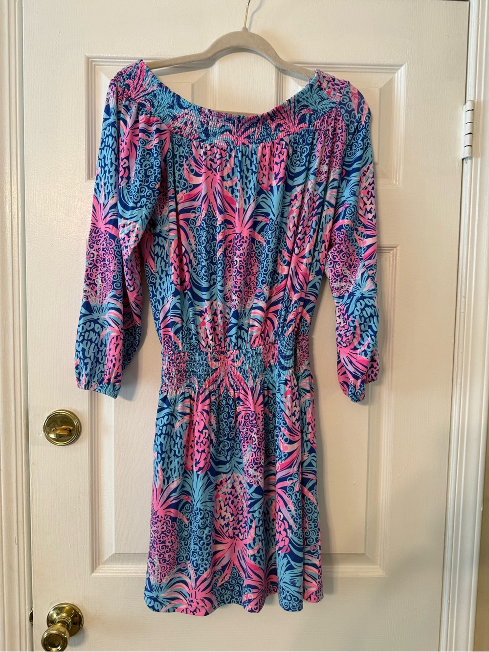 Lilly Pulitzer Blue & Pink Off-Shoulder Smocked Romper
